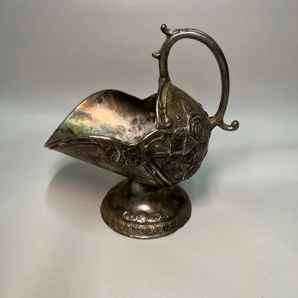 Silver-Plated Sugar Scuttle Featuring an Embossed Floral and Rose Pattern